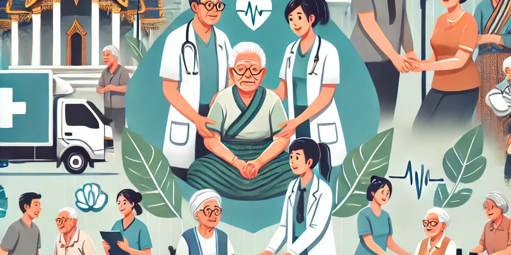 DALL·E 2024-10-15 17.47.12 – An illustration showing elderly people in Thailand. The image depicts a diverse group of senior citizens engaging in various activities such as walkin